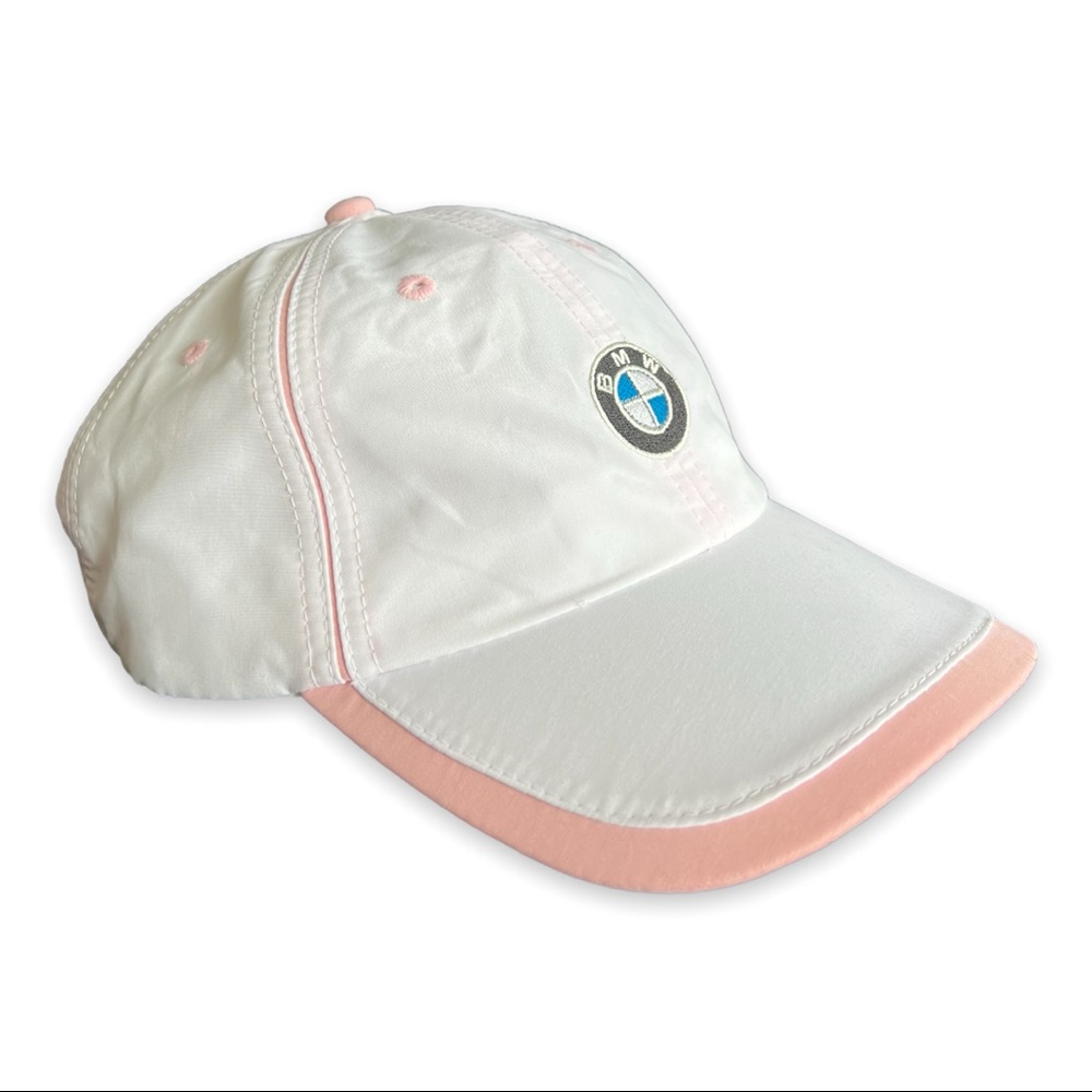 BMW Lifestyle Ladies Hat White Pink Embroidered Logo Adjustable Strap NWOT